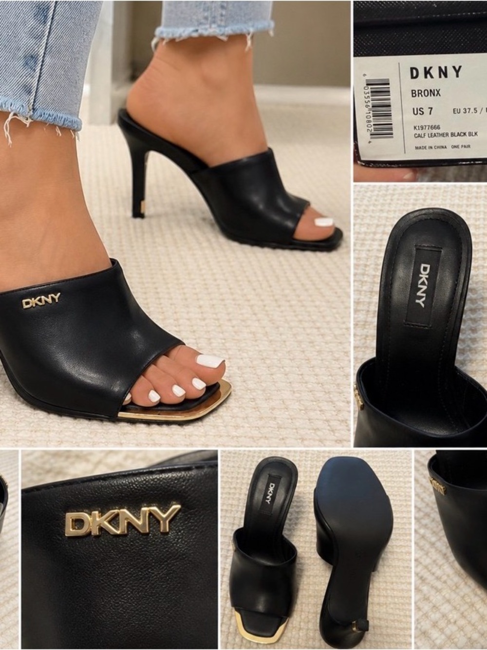 DKNY Black Leather Open-Toe Mule Heels with Gold Accent